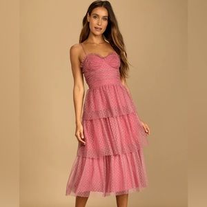 Swiss dot bustier dress with tiers ruffles.